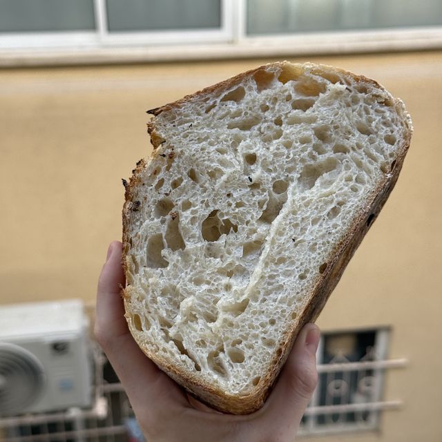 An open crumb held up to the light