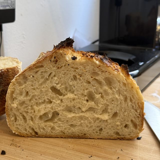 A cut loaf on the counter